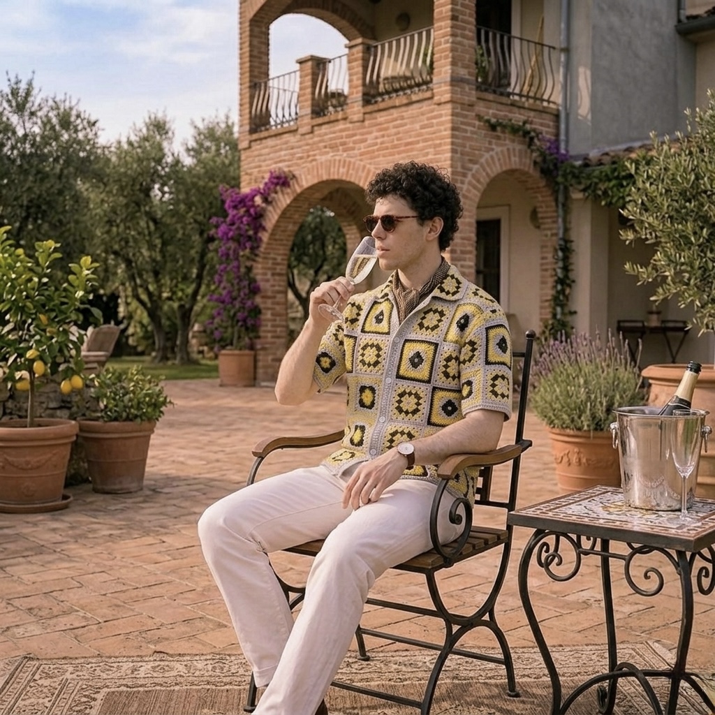 Man wearing a yellow, black, and gray crochet shirt while enjoying champagne at a Mediterranean villa