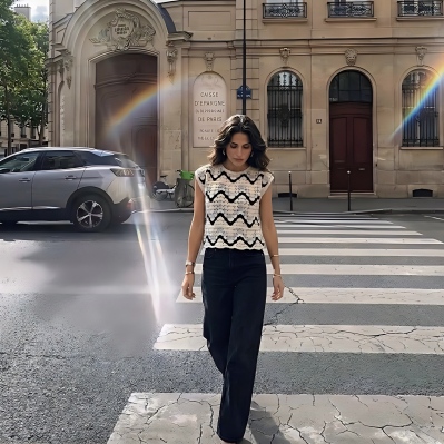 Black-White-Chevron-Top-City-Street-Style A woman walking across a city crosswalk wearing a sleeveless black and white chevron patterned top and black wide-leg trousers, with a light flare effect over the photo.