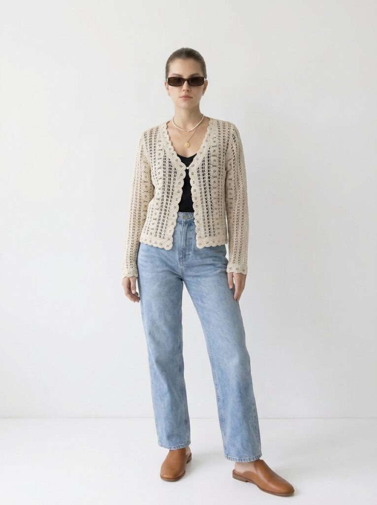 Nano Banana Pro - A photorealistic_ full-body por A full-body portrait of a woman wearing a beige open-knit cardigan, a black top, light blue straight-leg jeans, and brown flat shoes against a white background.