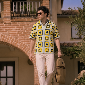 Man wearing a yellow, black, and gray crochet button-down shirt at a Mediterranean resort