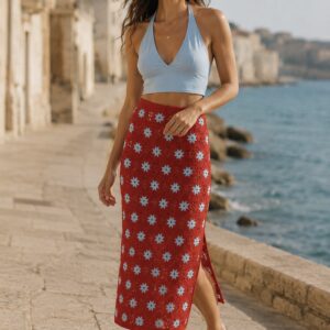 oman wearing a red floral crochet midi skirt by the front view